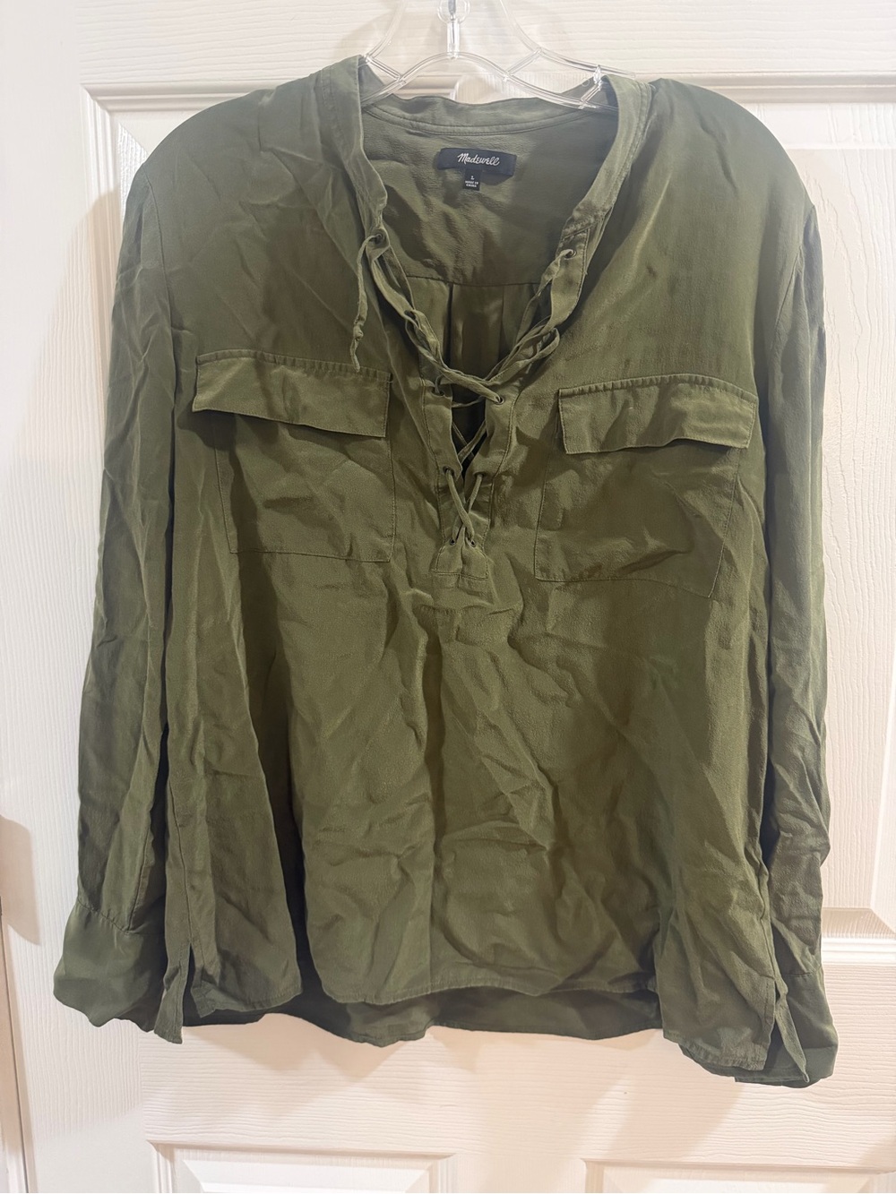 Madewell Olive Green Lace-Up 100% Silk Long Sleeve Blouse
